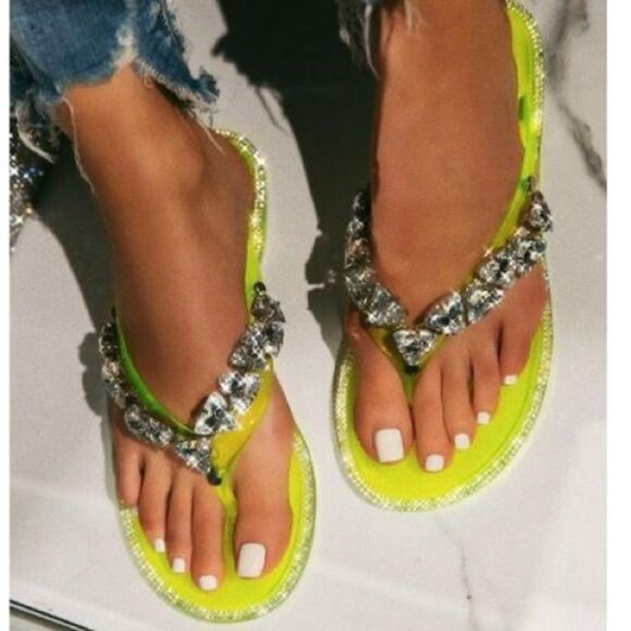 JOANIE-214 Fashion Rhinestone Embellished Jelly Sandals Neon Yellow Size 5 New - Picture 2 of 9